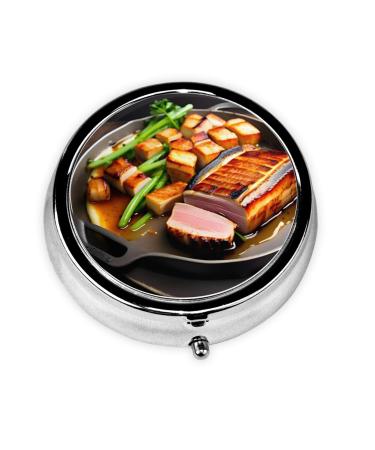 Delicious Grilled Meatround Pill Box 3 Compartment Round Pill Box Organizer Portable Travel Pill Box for Traveling.