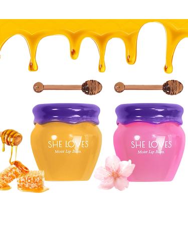 2 Bottles Sakura & Honey Lip Balm Day & Night Repair Deep Moisture and Fade Lines Rich in Vitamin E & Cherry Blossom Extract Beeswax Essence Natural Enhancer Care Sleeping Mask Sakura-Honey Lip Balm