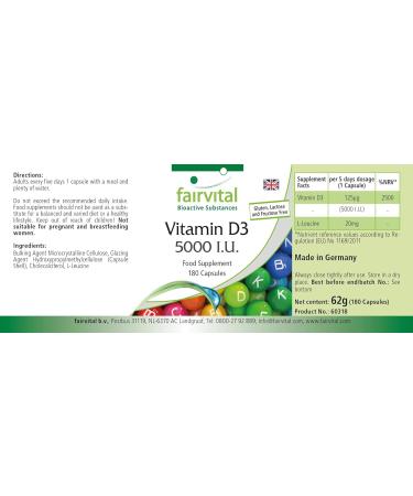 Fairvital | Vitamin D3 Highly dosed - 5000 IU - Cholecalciferol - Vitamin D3 in capsules - 180 Pcs - Buy Online on GoSupps.com