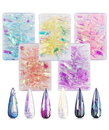 CHANGAR 5 Colors Gradient Aurora Glass Paper Nail Sticker  Reflective Mirror Design Broken Glass Stripe Line Paper Nail Decals 3D Broken Glass Pieces Mirror Foils DIY Nail Art Decoration (5 Boxes)