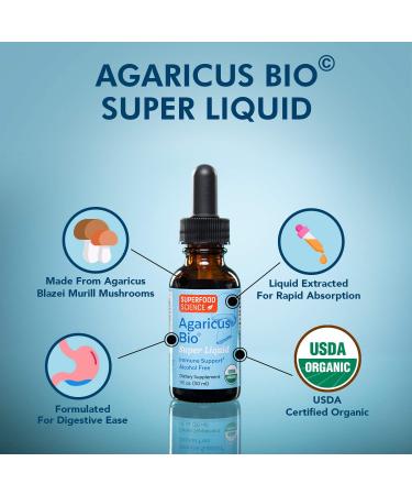 Agaricus Bio Super Liquid Organic Mushroom Supplement - 30ml Tincture with Beta Glucan for Immune Support | Agaricus Blazei Murill Extract for Mushroom Coffee and H2O - Buy Online on GoSupps.com