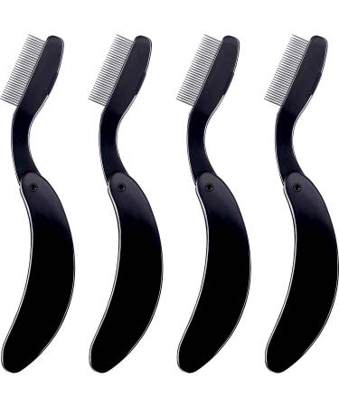 TecUnite 4 Packs Folding Eyelash Comb, Stainless Steel Teeth Eyebrow Comb Lash and Brow Makeup Brush (Black) 4 Black