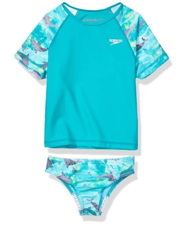 Speedo Girls' Printed Short Sleeve Rash Guard t-Shirt Two Piece Swim Set New Turquoise 4