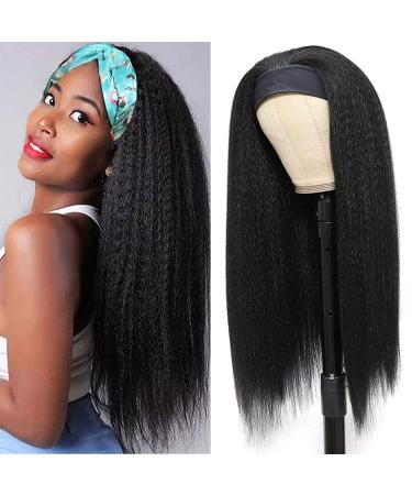 Kinky Straight Headband Wigs for Women Synthetic Headband Wig Long Yaki Straight Hair Wigs With Headband Attached 26 Inch Full Machine Made None Lace Front Wig Natural Black Color 26