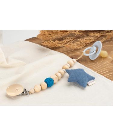 Personalized AngelicArt Nuckel Chain for Boys & Girls - Engraved Name Suckel Chain Gift for Babies - Natural Wood & Musselin Fabric (Indigo Star) - Buy Online on GoSupps.com