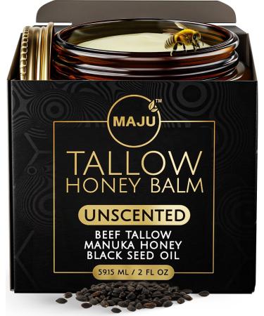 MAJU Beef Tallow Manuka Honey Balm Unscented (2 oz) Grass-Fed Beef Tallow for Skin with Organic Black Seed Oil Manuka Honey and Organic Beeswax Skin and Face Moisturizer for Deep Hydration Unscented 2 Ounce (Pack of 1)