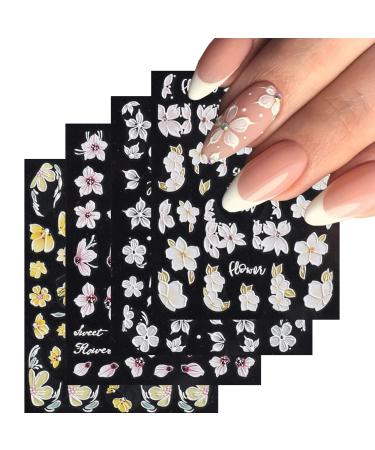 Baoximong Flower Nail Art Stickers Decals 5D Embossed Spring Nail Decals 3D Self-Adhesive Nail Art Supplies Yellow Pink White Kapok Camellia Design Nail Accessories for Women Nail Decorations