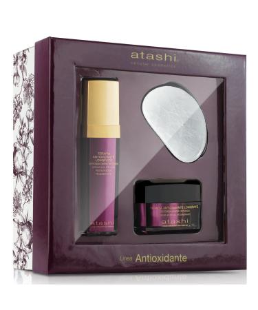 Atashi | Regenerative Antioxidant Ritual Beauty Set | Regenerating Restorative Serum + Regenerating Anti-Aging Cream + Jade Stone | Vitamins C E and CoQ10 | 50 ml + 50 ml