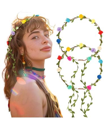 Boyrot 2Pcs Flower Wreath Hair Flower Crown Women Girl Boho Flowers Hairband Colorful Bride Roses Hair Reifts Headband With Leaves Wedding Party Communion Birthday Headdresses In 7 Colors