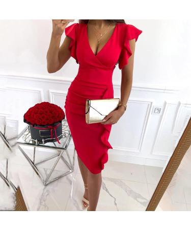 Briskorry V-Neck Floral Summer Dress for Women - Elegant Business & Party Dress | Vintage Bustier Ruffle Hem L - Buy Online on GoSupps.com