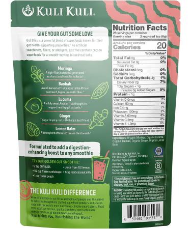 Kuli Kuli Gut Bliss Superfood Powder 6 oz - Organic Moringa Baobab Lucuma Ginger Lemon Balm Blend for Digestion, Stomach Relief & Gut Health - Buy Online on GoSupps.com
