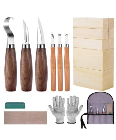Wood Whittling Kit for Beginners Kids and Adults Wood Carving kit Set With 8PCS Basswood Carving Blocks Wood Carving Tools Gift include 6PCS Whittling Knife Gloves Roll Bag Sharpener for Widdling Kit