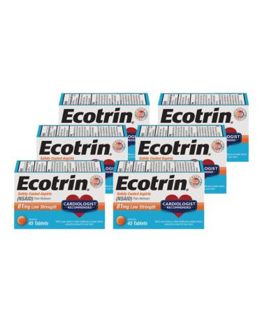 Ecotrin Low Strength Aspirin 1 Cardiologist Recommended 81mg Low Strength 270 Safety Coated Tablets (6 pack of 45 tablets)