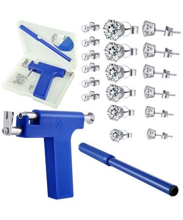 Stainless Steel Body Ear Piercing Tool Set Ear Nose Navel Piercing Machines with 12 Pairs Stud Earrings for Salon Home Use Blue