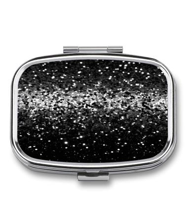 Pill Box Black White Glitter Print 2 Compartment Medicine Pill Case Pill Organizer Decorative Metal Portable Pill Box for Pocket Or Purse Style