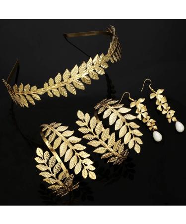 15-Piece Greek Goddess Costume Set: Golden Leaves Bridal Crown, Pearl Earrings, Hair Pins - Classic Style - Buy Online on GoSupps.com