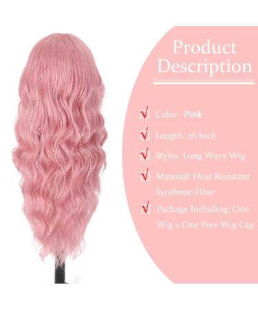 QIANSEE 26-inch Pink Long Wavy Synthetic Wig for Women - Middle Part Curly Style, Heat Resistant Fiber, Natural Look - Ideal for Daily Use - Buy Online on GoSupps.com