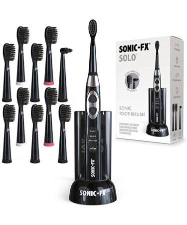 Sonic-FX Solo Electric Toothbrush w/ 10 Brush Heads + 1 Interdental Charcoal Bristles Rechargeable Charging/Storage Base 3 Brush Modes Smart Timer 2 Months Use on Full Charge Black Color 8 Pack - Black