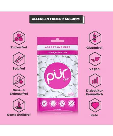 PUR Gum | Sugar-Free Vegan Chewing Gum | 100% Xylitol | Aspartame-Free Gluten-Free Diabetic-Friendly | Pomegranate Mint Flavor | 55 Pieces (6-Pack) - Buy Online on GoSupps.com