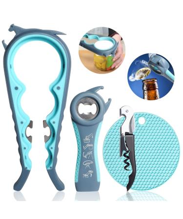 Glass opener gripper bottle opener kit 5in1 and 4in1 multifunction glass opener easy to use for children older people and arthritis affected silicone hand gripper aid blue