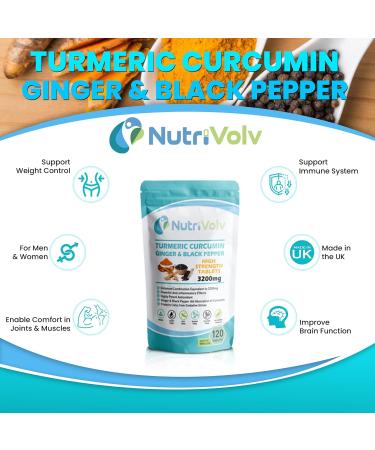Nutrivolv Turmeric Curcumin 3200mg with Ginger & Black Pepper for Enhanced Absorption | High Strength | Organic | Vegan 120 Tablets | Joint Support Inflammation & Pain Relief - Buy Online on GoSupps.com