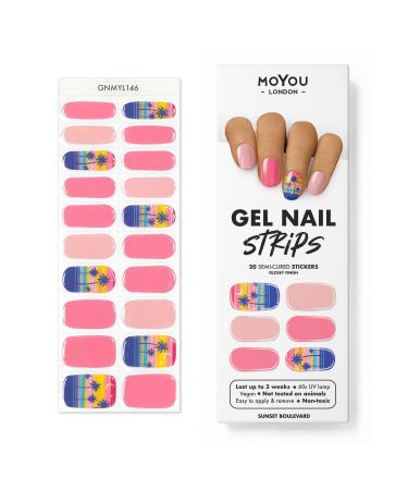 MOYOU LONDON Semi Cured Gel Nail Wraps 20 Pcs Gel Nail Polish Strips for Salon-Quality Manicure Set with Nail File & Wooden Cuticle Stick (UV/LED Lamp Required) - Sunset Bulevard