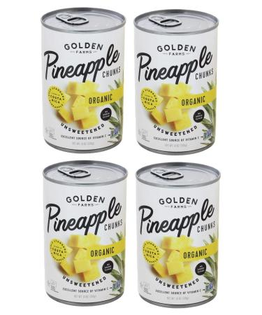 Organic Pineapple Chunks (Unsweetened), 4 Cans NT. WT. 14 oz. (396g), By: GOLDEN FARMS