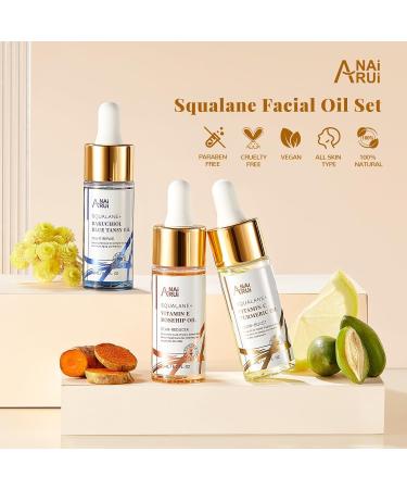 ANAI RUI Squalane Facial Oil Set - Vitamin E Rosehip Turmeric & Bakuchiol Oils Soothing Skincare Gift Set - 3 Pack Blue - 20 ML Each - Buy Online on GoSupps.com