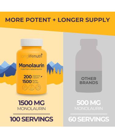 LongLifeNutri Monolaurin 1500mg - Potent Glycerol from Coconut 200 Vegetarian Capsules Organic Supplement for Gut Balance & Natural Defense 100-Day Supply GMP Certified Made in USA 200 Count (Pack of 1) - Buy Online on GoSupps.com