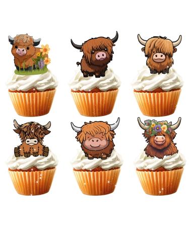 18pcs Highland Cow Cupcake Toppers for Boys Girls Adult Happy Birthday Glitter Western Rodeo Farm Party Decorations Supplies Glitter Highland Cow Cake Decorations