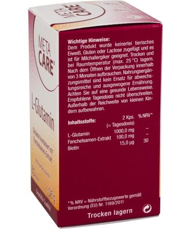 Meta Care L-Glutamine Vegan High Dose Supplement | Biotin & Fennel Seed Extract | 60 Capsules for Optimal Health - Buy Online on GoSupps.com