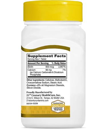 21st Century Biotin 800 mcg - 110 Easy Swallow Tablets for Healthy Hair, Skin & Nails - Buy Online on GoSupps.com