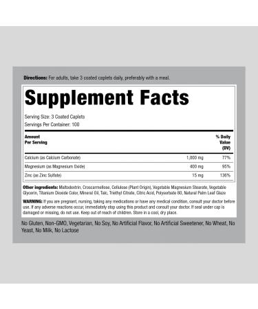 Calcium Magnesium Zinc Supplement 300 Coated Caplets Non-GMO Gluten Free by Piping Rock - Buy Online on GoSupps.com