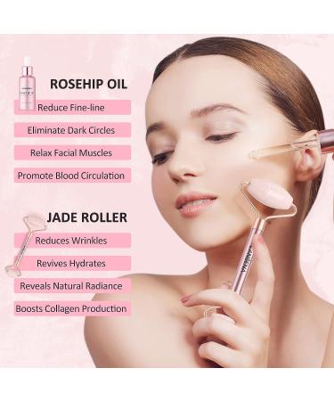 LANBENA 2 in 1 Jade Roller & Rosehip Oil Set for Face, Eye, Neck - Natural Rose Quartz Jade Roller Massager with Pure Rosehip Seed Oil for Wrinkle & Dark Circle Reduction - Buy Online on GoSupps.com
