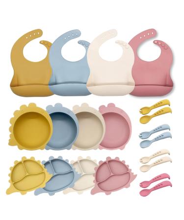 Baby Feeding Set | Silicone Baby Feeding Set | Weaning Set for Babies with Adjustable Bib Suction Plate Suction Bowl Spoon and Fork | Dinosaur Shaped Plate and Bowl for Babies (Dusty Blue)