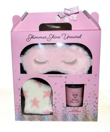 Shimmer Shine Unwind Relaxation Gift set with Pink Plush Eye Mask Plush Socks and Lavender Votive Candle