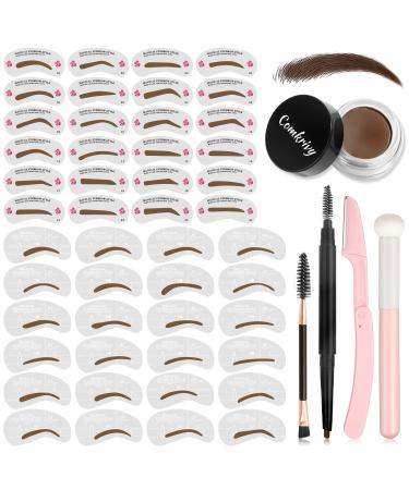 Comkrivy Eyebrow Stamp Stencil Kit  48 PCS Eyebrow Stencils in 2 Sizes With Long Lasting Waterproof Eyebrow Pomade&Eyebrow Pencil and 3 Eyebrow Tools  Eyebrow Stencil Kits for Beginners Women. (Brown)