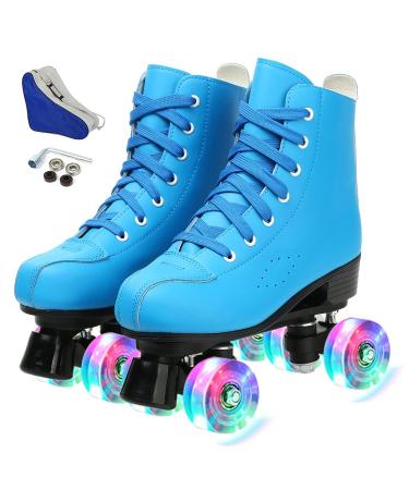Silvertree Women's Roller Skates PU Leather High-top Roller Skates Four-Wheel Roller Skates Shiny Roller Skates with Carry Bag for Girls blue flash wheel Women's 9 / Men's 7.5
