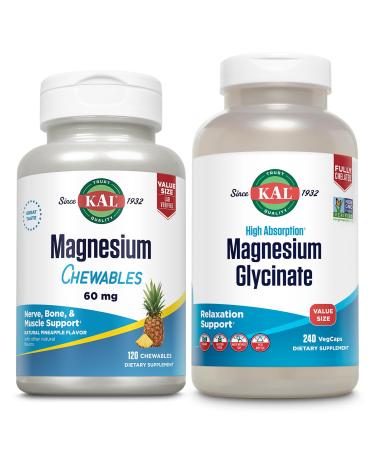 KAL Magnesium Citrate Chewables and Magnesium Glycinate 350 Bundle Nerve Bone Muscle and Enzyme Support 120 Chews 240 VegCaps