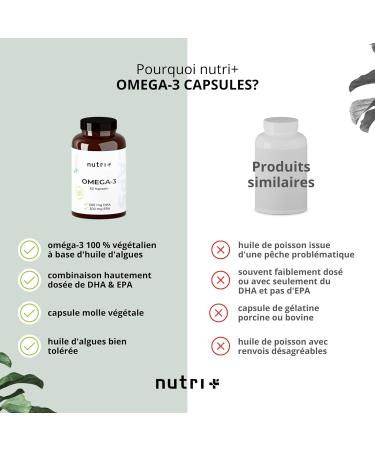 Nutri+ Omega 3 Vegan - 600mg DHA + 300mg EPA - 1100mg Essential Fatty Acids O3 Seaweed Oil - Highly Dosed - Vegan & Vegetarian - No Fish Oil Beef & Gelatin - Buy Online on GoSupps.com
