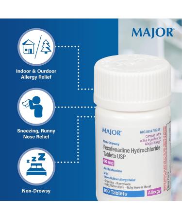MAJOR Fexofenadine Hydrochloride Tablets USP 60 mg - Non-Drowsy Allergy Medicine - Antihistamine - 12 Hour Indoor/Outdoor Allergy Relief - 100 Tablets - Buy Online on GoSupps.com