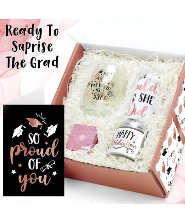 Levfla Graduation Gift Set for Her - Wine Glass, Grad Cap Bath Bomb, Makeup Bag, Candle & Card - Perfect Congratulations Present for College Women - Rose Gold Theme - Buy Online on GoSupps.com