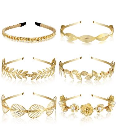 6 Pcs Gold Leaf Headbands Set Pearl Headbands for Women Roman Greek Goddess Accessories Flower Faux Pearls Headband Gold Metal Prom Headpiece Crown Bridal Hairband for Women Girl(Graceful Style)