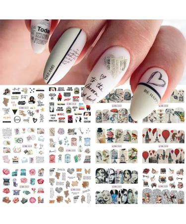 12 Design/Sheet Nail Art Decorations Manicure Butterfly-shape Rose Flower Newspaper Nail Stickers Valentine Retro Movie(BN1993-2004) - Buy Online on GoSupps.com