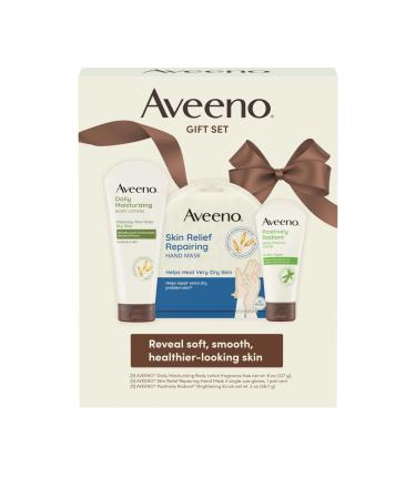 Aveeno Spa Day Gift Set Full Body Skincare Set with Positively Radiant Face Scrub Daily Moisturizing Body Lotion & a Pair of Single-Use Skin Relief Hand Masks Non-Comedogenic 3 Items