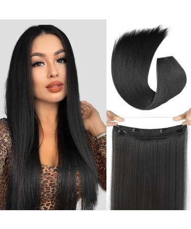 Isaic Black Hair Extensions for Women 24 Inch Straight Invisible Wire Hair Extensions Heat Resistant Synthetic Invisible Adjustable Size 4 Secure Clips Hairpiece for Daily Party Use