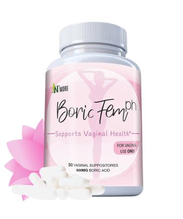 Boric Acid Vaginal Suppositories - 100% Pure Vegetable Capsules - Made in USA - Intimate Health Support (30 Count, 600mg) - Boricfem Helps Support/Maintain Vaginal Health - Easy to Insert