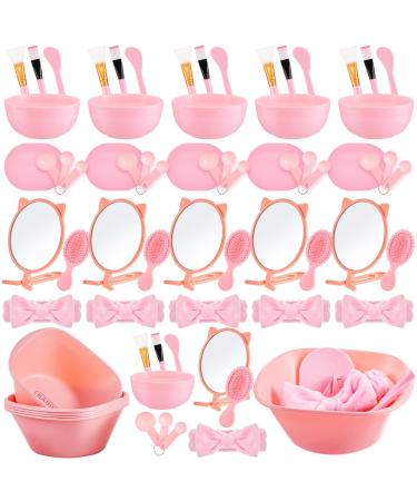 6 Set Spa Party Supplies for Women Pink Facial Mask Bowl Set with Facial Mask Bowls Spatula Brush Puff Measuring Scoop Basin Mirror Air Cushion Comb Headband Spa Birthday Party Favor