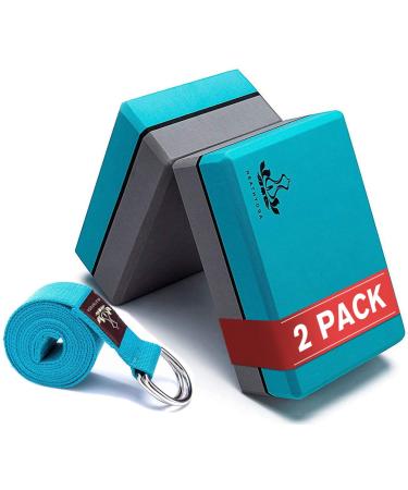 Heathyoga Yoga Blocks 2 Pack with Strap, High Density EVA Foam Yoga Block and Yoga Strap Set to Support and Improve Poses and Flexibility Turquoise