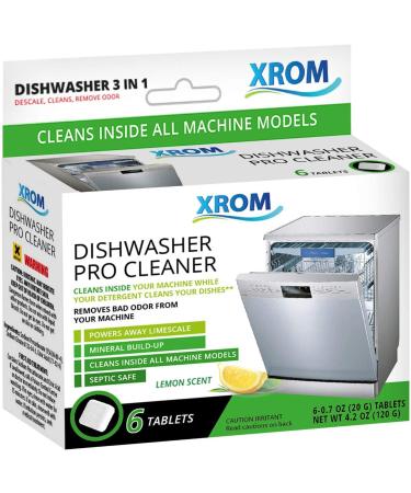 XROM Dishwasher Pro Cleaner 3 in 1 Formula, Removes Odors, Removes Hard Water Stains, Powerful Descaling, 6 Treatments (Lemon Scent)